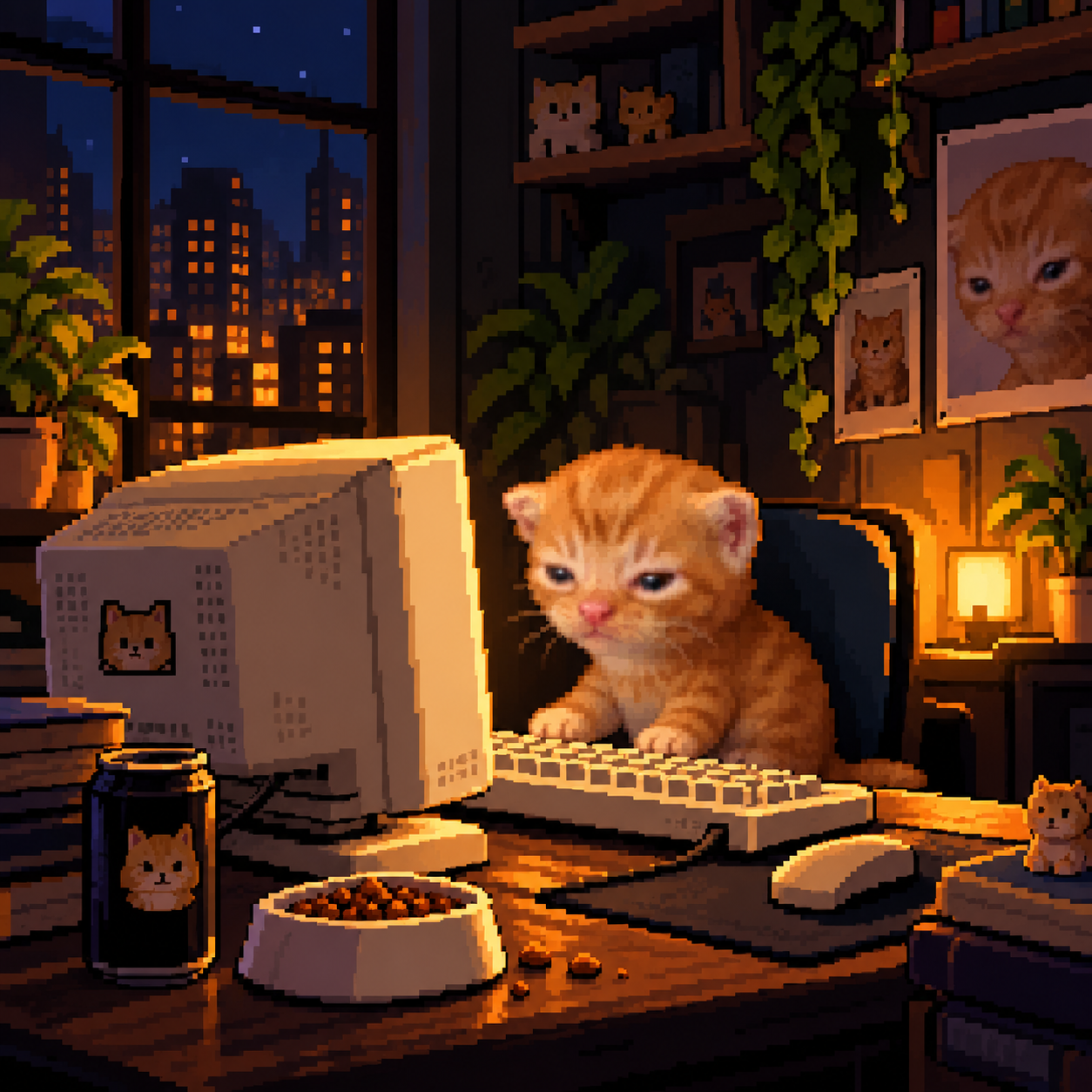 Sad little orange KET at a retro computer at night